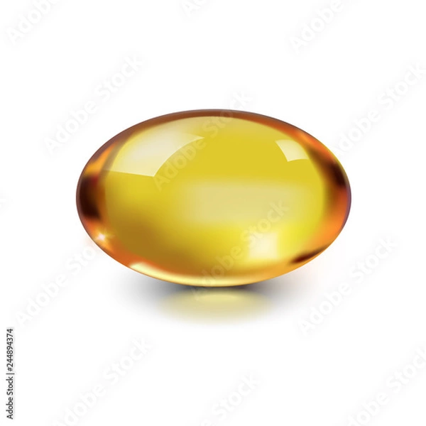 Obraz Oil capsule gold oval bubble isolated on white background. Cosmetic vitamin E, A, Omega 3. Antibiotic gel pill icon template for liver, fish. Realistic 3D serum droplet of collagen essential.
