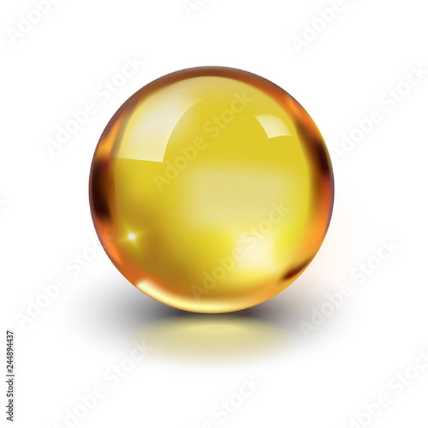 Obraz Oil gold glass ball isolated in vector on white background. Cosmetic pill capsule of vitamin E, A, Argan oil, Almond, cod liver, Omega 3, fish. Golden bubble template. Realistic 3d.