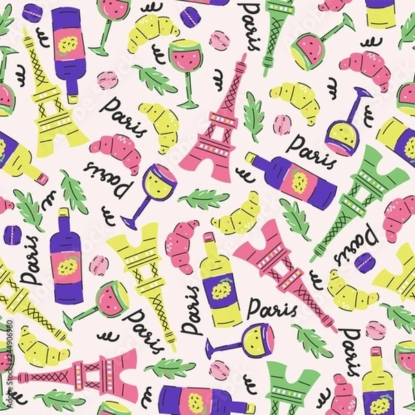Obraz Seamless vector pattern with cute elements - " Hello Paris!"