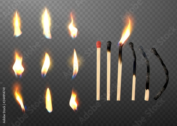 Fototapeta Realistic 3d match stick and different flame icon set, closeup isolated on transparent background. Whole and burnt matchstick. Stages of burning the match. Symbol of ignition. Vector illustration.