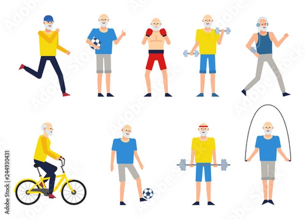 Fototapeta Set of old man characters doing various sports. Cheerful old man running, playing football, boxing, jumping and doing other actions. Flat design vector illustration