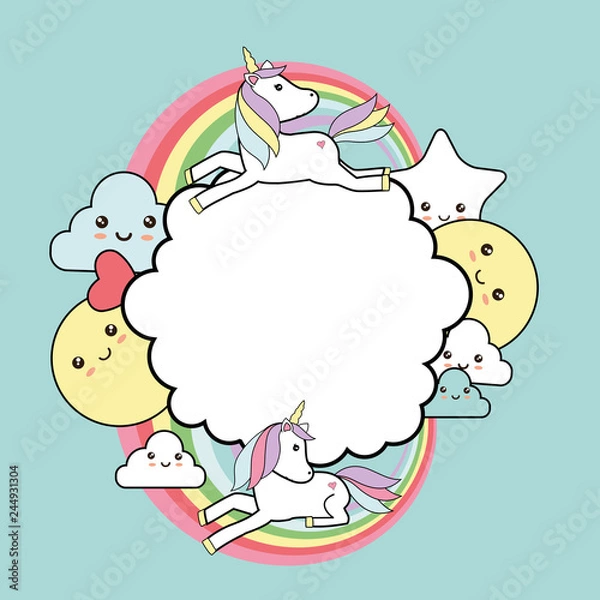 Fototapeta Frame with unicorn - kawaii style