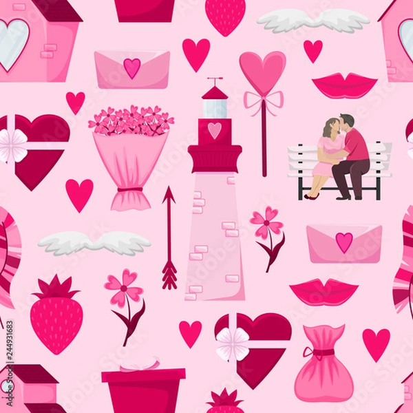 Obraz Lovely vector seamless pattern for Valentine's day. Flat cartoon illustrations.