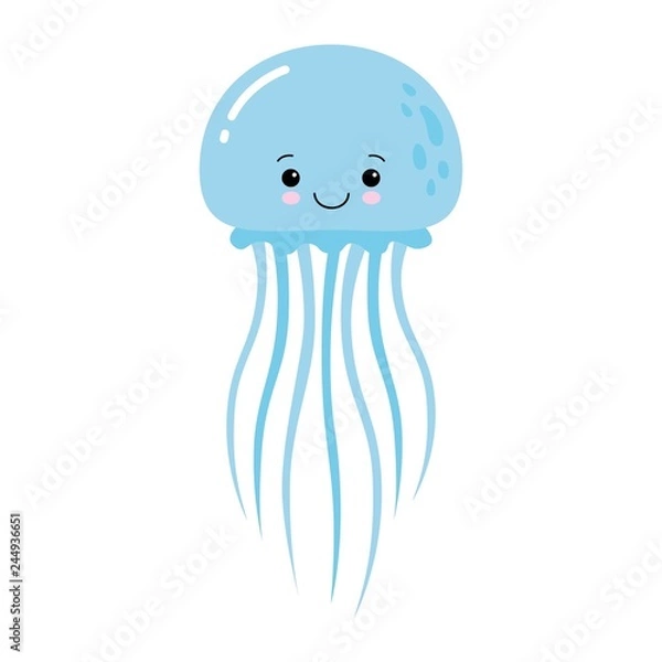 Obraz Vector illustration of cartoon funny blue jellyfish isolated on white background. Kawaii