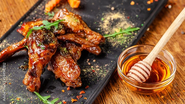 Obraz The concept of Indian cuisine. Baked chicken wings and legs in honey mustard sauce. Serving dishes in the restaurant on a black plate. Indian spices on a wooden table. background image.