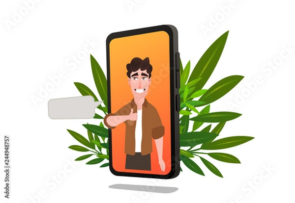 Fototapeta Young man character on smartphone screen puts thumb up feedback in service application. Customer feedback online review site landing page. Customer centricity reputation management concept vector
