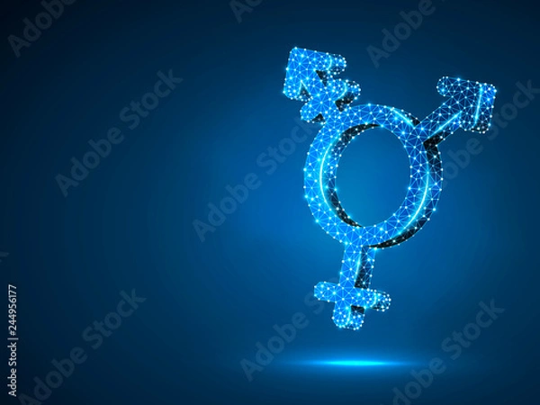 Obraz Transgender pride, people symbol. Wireframe digital 3d illustration. Low poly, men and women transsexuality concept on blue background. Abstract Raster polygonal neon LGBT sign. RGB color mode
