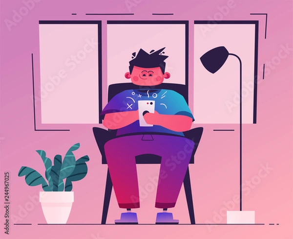 Fototapeta Man hold smartphone. Cartoon vector illustration. Character design