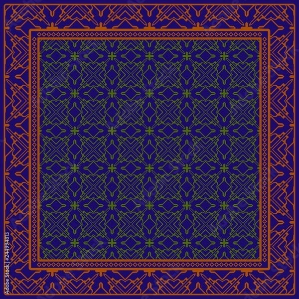 Fototapeta Decorative Pattern With Geometric Decoration. Symmetric Pattern . For Print Bandanna, Tablecloth, Fabric Fashion. blue, brown color