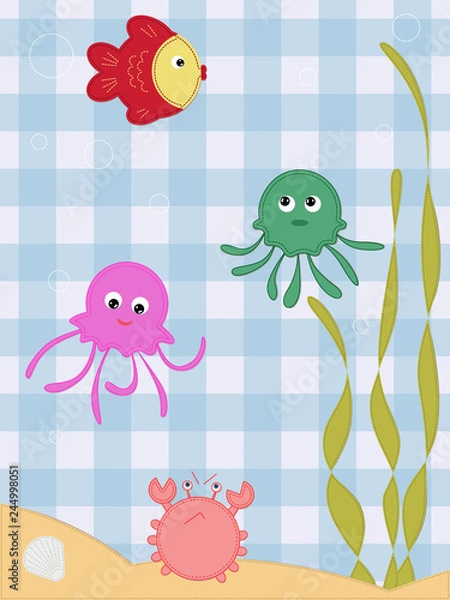 Fototapeta fish jellyfish crab seaweed on the bottom texture of the fabric, cloth application