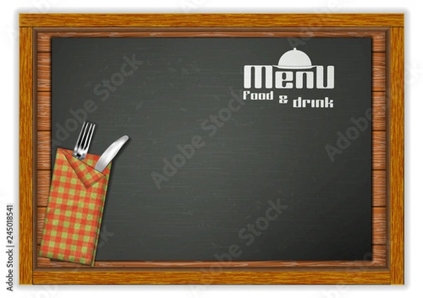 Fototapeta Restaurant menu template, knife and fork with a menu book on a wooden board table.