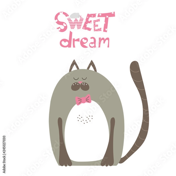 Fototapeta Child shower poster with cute cat and graphic hand drawn text . Vector invitation for kid. Child print with pink lettering - sweet drean. Greeting card for gentleman.