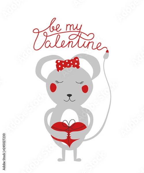 Fototapeta Kid fashion graphic with smile mouse with red heart. Vector hand drawn illustration and text - be my Valentine. Baby t-shirt print funny handwriting quote with slogan. Love greeting card design