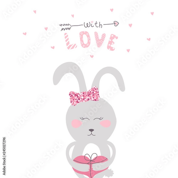 Fototapeta Kid fashion graphic with smile rabbit with pink heart. Vector hand drawn illustration and text - with love. Baby t-shirt print funny handwriting quote with cupid arrow. St valentine day greeting card