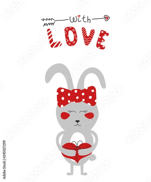 Fototapeta Kid fashion graphic with smile rabbit with red heart. Vector hand drawn illustration and text - with love  Baby t-shirt print funny handwriting quote with cupid arrow. St valentine day greeting card