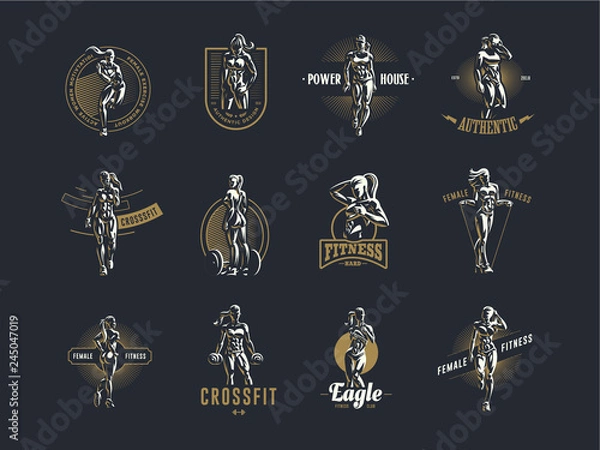 Fototapeta Woman fitness emblem set.