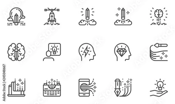 Fototapeta Creativity Vector Line Icons Set. Idea, Imagination, Mind Power, Inspiration, Creative Process, Writing, Painting. Editable Stroke. 48x48 Pixel Perfect.