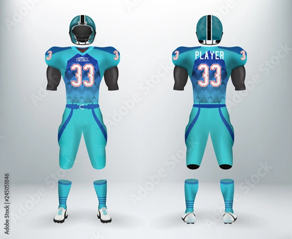Fototapeta 3D realistic of font and back of blue American rugby football jersey uniforms sets. Concept for American football apparel mock up for collage championships in vector illustration