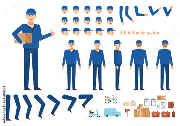 Obraz Courier, delivery man creation kit. Create your own pose, action, animation. Various emotions, gestures, design elements. Flat design vector illustration