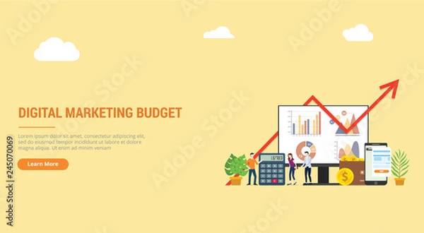 Obraz website design landing page ui ux for digital marketing budget financial campaign for advertising team people working together with graph and chart - vector