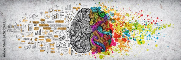 Fototapeta Koncepcja lewego prawego ludzkiego mózgu, teksturowanej ilustracji. Kreatywna lewa i prawa część ludzkiego mózgu, koncepcja części emocjonalnych i logicznych z ilustracją doodle społecznej i biznesowej lewej strony oraz sztuką