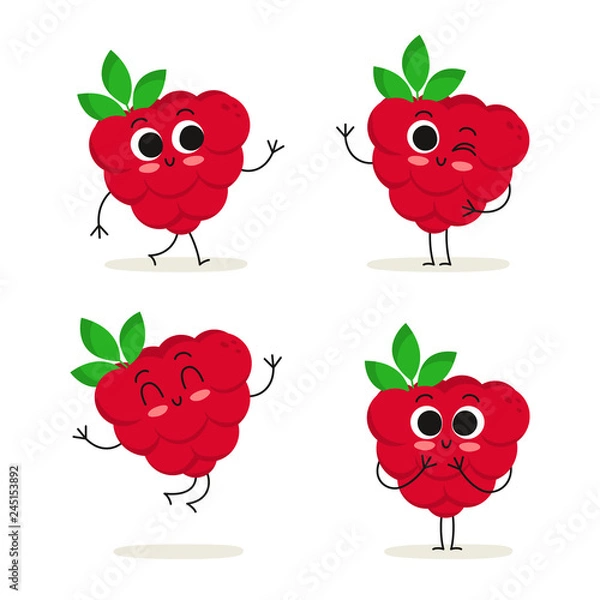 Fototapeta Raspberry. Cute fruit vector character set isolated on white
