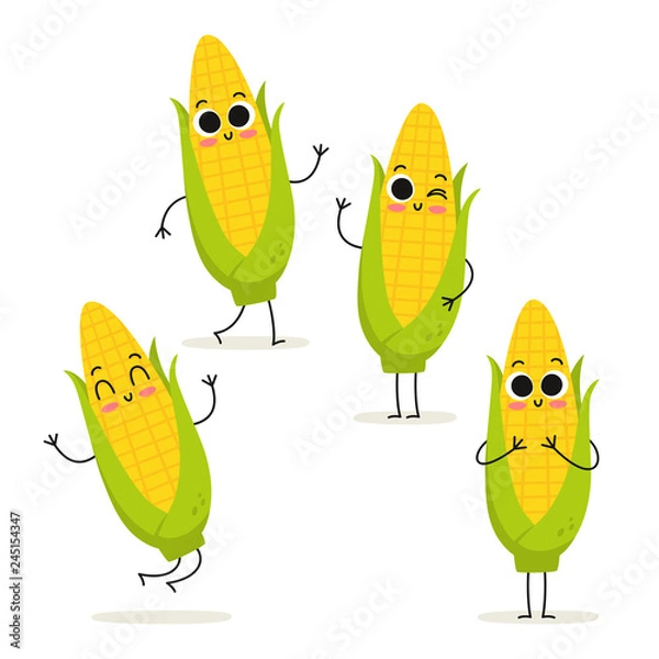 Fototapeta Corn. Cute vegetable vector character set isolated on white