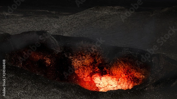Fototapeta Lava glowing in volcano crater eruption. Image montage.