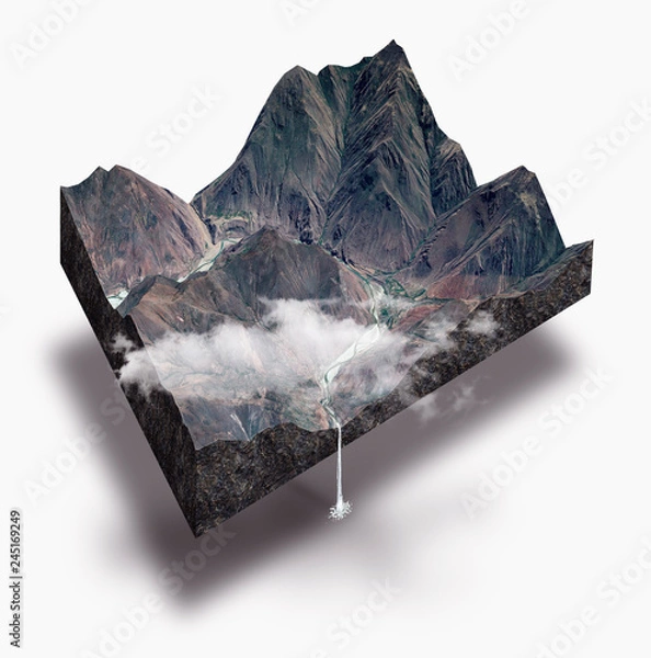 Obraz cross section view of mountains, river and waterfall