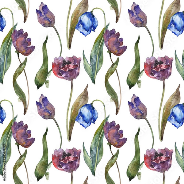 Fototapeta Purple and blue tulip floral botanical flower. Watercolor illustration set. Seamless background pattern.
