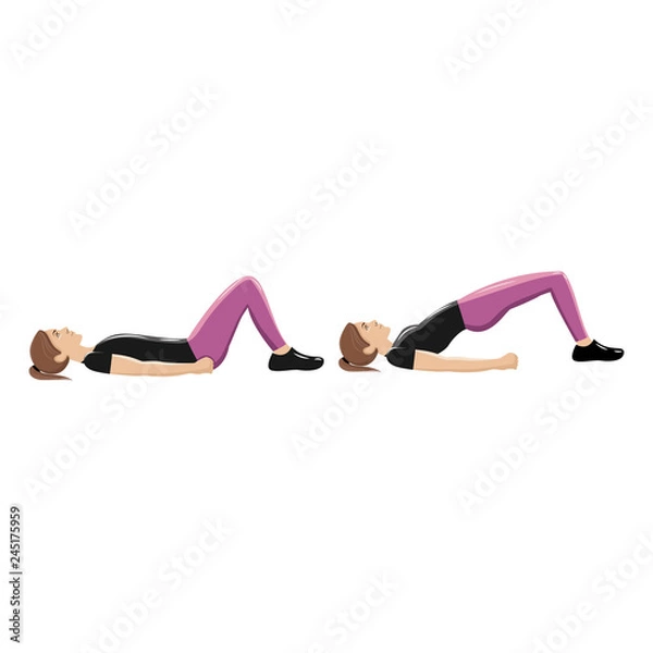 Fototapeta Illustrations of glute exercises and workouts. Illustrations of bridge with extension. With shadows