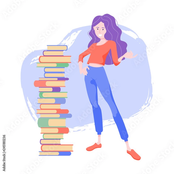 Fototapeta Clever student girl stands near to a stack of books. Reads and learns, receives new information. Can be a character for a library or a training course.