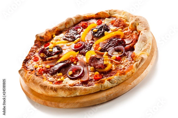 Fototapeta Pizza with ham, corn, mushrooms and dried tomatoes on white background