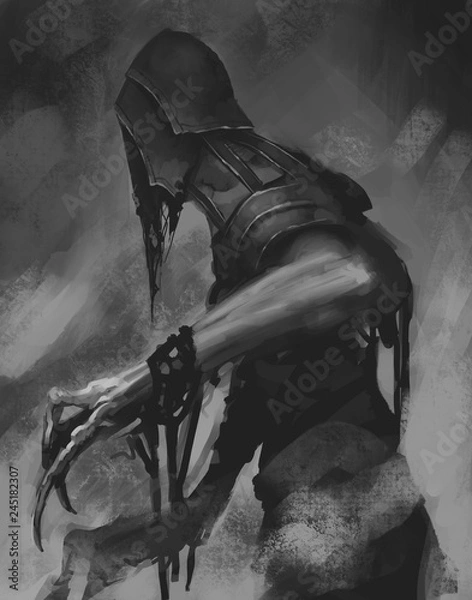 Fototapeta Czarno-biały obraz średniowiecznego ubranego stworzenia z przerażającymi pazurami skradającymi się w ciemności - cyfrowy obraz fantasy