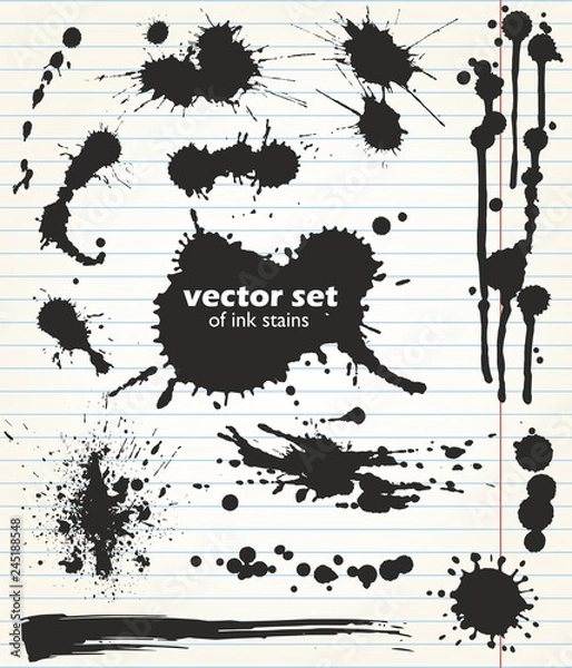 Obraz Paint spots of different size and shape. Useful set of black ink stains. Collection of grungy design elements on the background of notebook sheet.