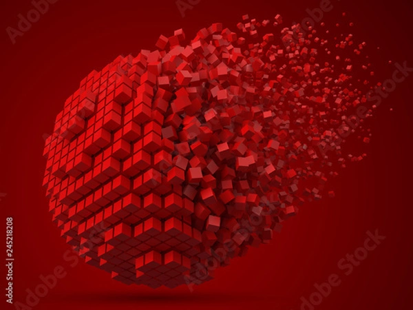 Obraz dissolving spherical data block. made with red cubes. 3d pixel style vector illustration.