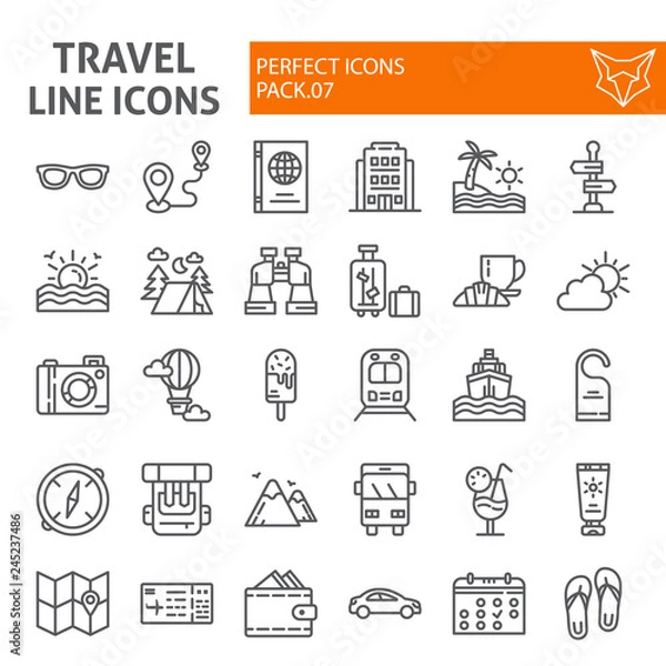Fototapeta Travel line icon set, tourism symbols collection, vector sketches, logo illustrations, holiday signs linear pictograms package isolated on white background.
