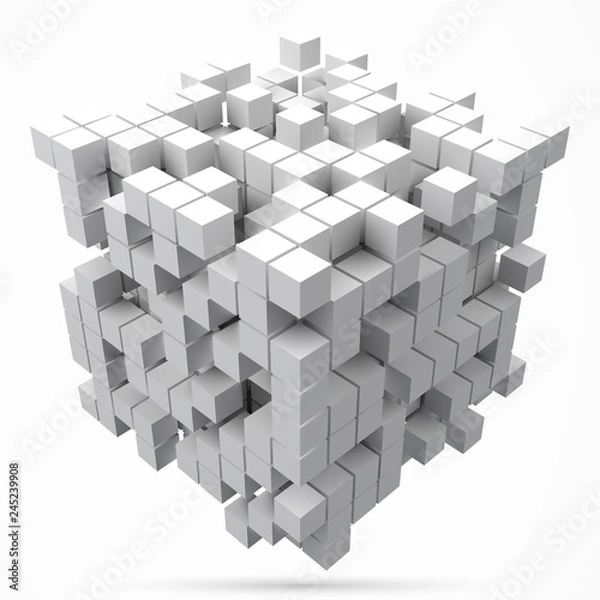 Fototapeta big cubic data block. made with smaller white cubes. 3d pixel style vector illustration.
