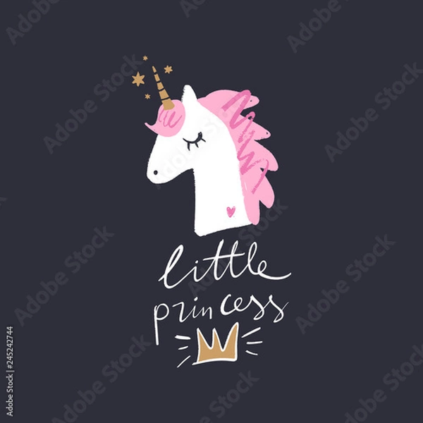 Fototapeta Lovely unicorn, baby stylish illustration, unique print for posters, cards, mugs, clothes and stationery