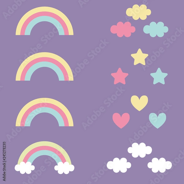 Fototapeta Colorful Rainbow Set With Clouds, Stars, Hearts