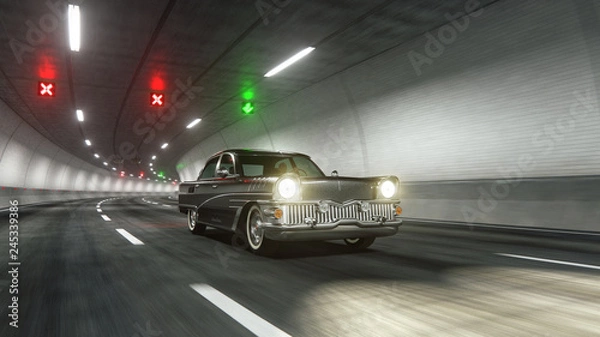Fototapeta Oldstyle classic car rides through tunnel 3d rendering