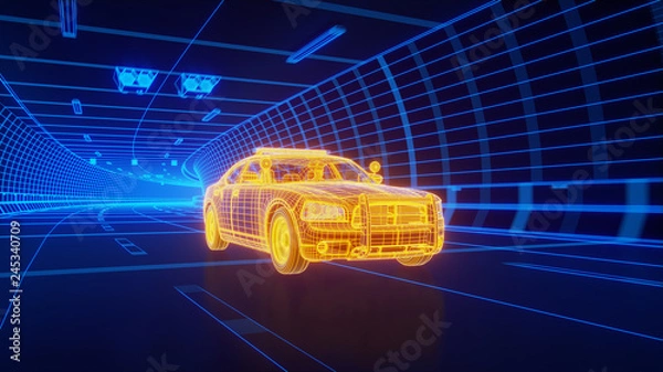 Fototapeta Yellow wireframe Police car rides through Blue tunnel 3d rendering