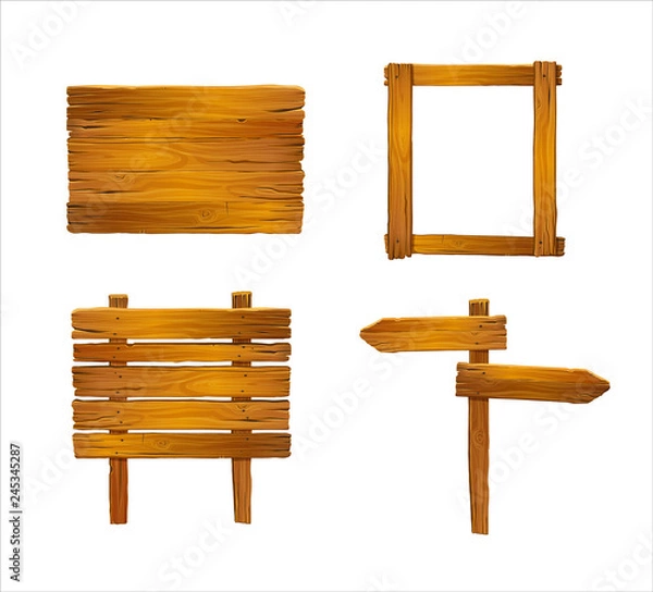 Fototapeta Set of vector wooden mahogany textured board, frame, planks, arrows . Old planks of shabby wood. Adventure design.
