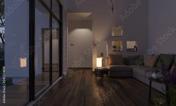 Fototapeta Decorated Lounge Design Softly Illuminated at Dusk 3D Rendering