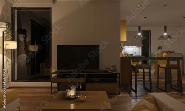Obraz Softly Illuminated Lounge and the Kitchen 3D Rendering