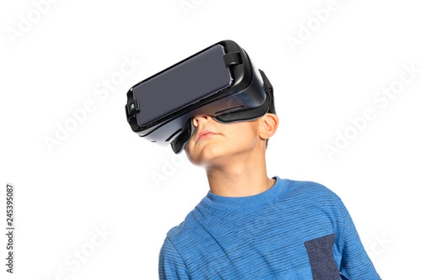 Obraz virtual reality goggles on young boy white background