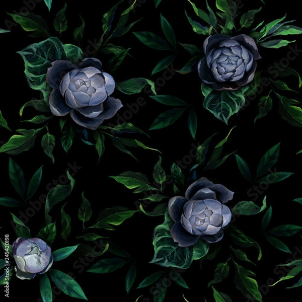 Fototapeta Seamless pattern of different white and blue peony flowers and leaves on dark black background.