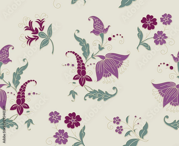 Fototapeta Tribal flowers seamless pattern. Indian National paisley ornament for cotton, linen fabrics. Bohemian ornament for taps. Kalamkari texture for wrapping, textile wallpapers, surface design 