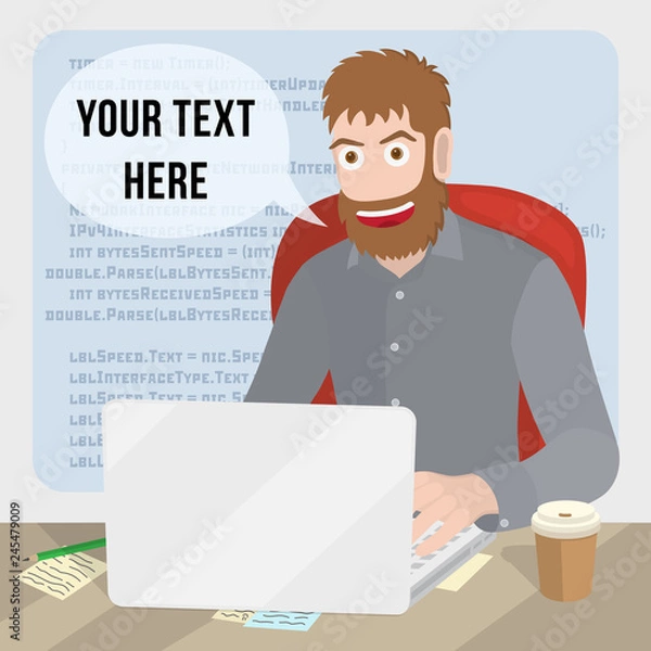 Fototapeta Men with laptop. Programming or coding banner flat design concept.