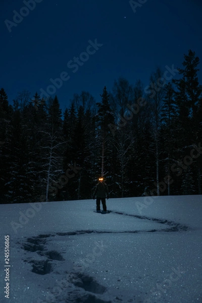 Fototapeta Creepy man on snowy field full moon